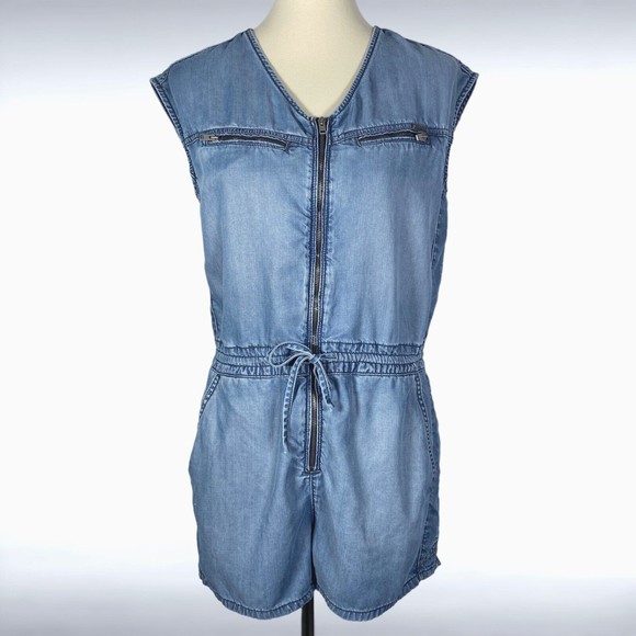 Diesel Pants - Diesel Womens Romper S Chambray Blue Sleeveless Pockets Lyocell Oversized Short